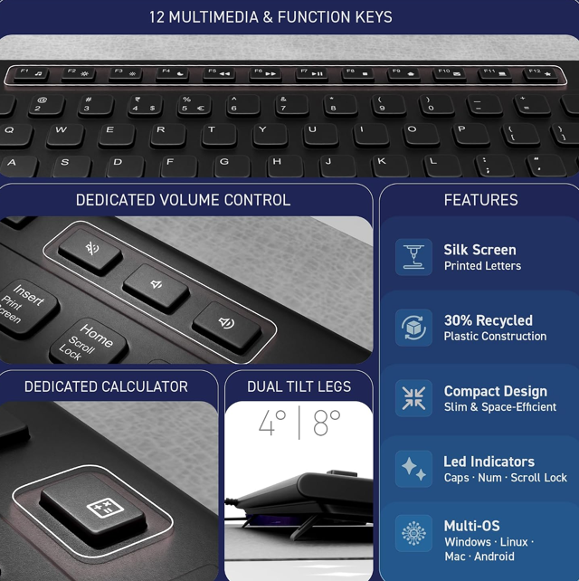 Typro KB-106 features — multimedia keys, volume control, dual tilt legs